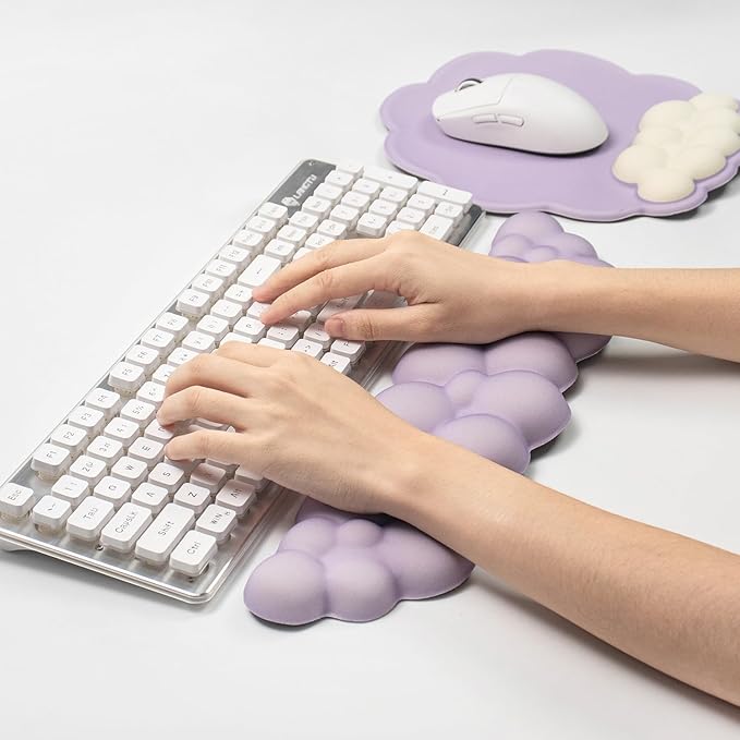 Memory Foam Keyboard Wrist Rest & Mouse Pad Set - Ergonomic Support for Laptop, Mac & PC, Cute Purple Cloud Design, Non-Slip Base for Typing, Gaming, Pain Relief, Comfortable Office Desk Must-Haves