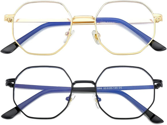 JOVAKIT Polygon Blue Light Blocking Glasses for Women Men Vintage Octagon Square Non-prescription Metal Eyeglasses