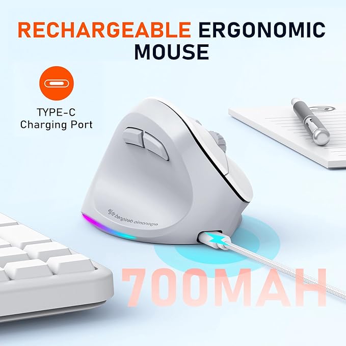MEETION Left-Handed Mouse, Ergonomic Mouse Wireless Vertical Mouse, RGB Mice for Bluetooth(5.2 + 3.0) & USB-A with Type-c Adapter 4 Adjustable DPI for Mac/Windows/PC/Tablet/iPad Gray