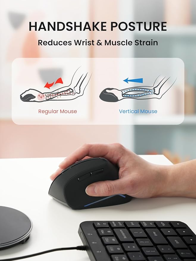 Perixx PERIMICE-715RX Wireless Rechargeable Vertical Mouse - Duo Wired and Wireless Charging Feature - Charger Included - Right-Handed - Black