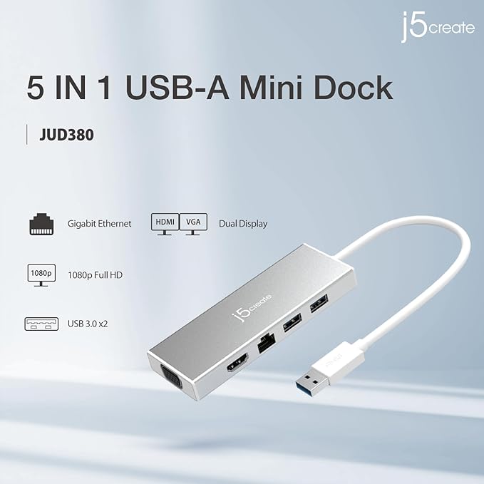 j5create USB 3.0 Hub with HDMI, VGA, RJ45 Gigabit Ethernet, 2 USB 3.1 Type-A Ports - High Speed Data Transfer Adapter for Mac, Windows, Desktop PC - Supports Up to 2K Resolution (JUD380)