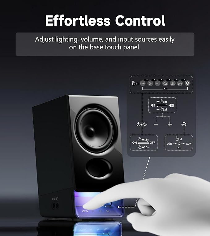 Edifier R20BT Computer Speakers, 2.75" Full-Range Drivers, Bluetooth 6.0, Touch Controls, AUX & USB-C Inputs, Headphone Jack, Custom Ambient Light & Sound Profiles via APP - Black