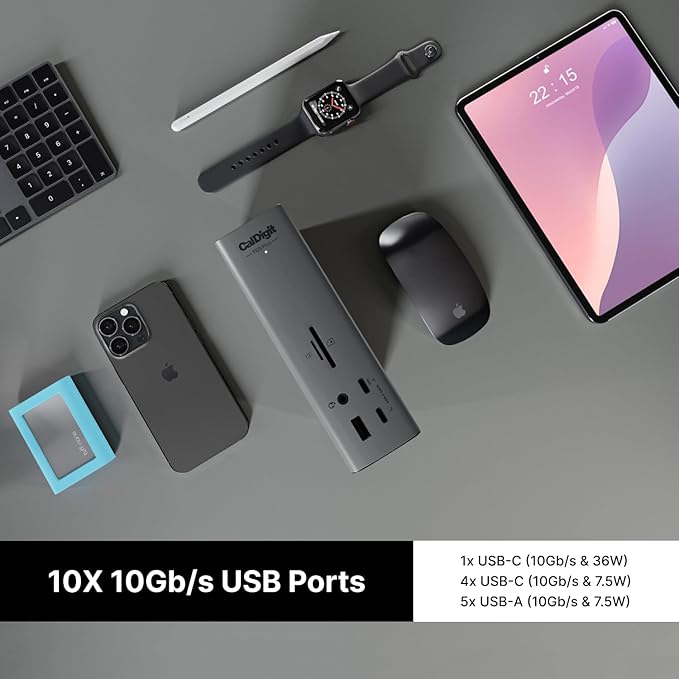 CalDigit TS5 Plus - Thunderbolt 5 Dock - 20 Port,10GbE, 140W Dedicated Host Charging, Thunderbolt 5 x3, USB 10Gb/s x10, Dual USB Controllers, Up to Dual 8K 60Hz Displays, 1.0m Braided Cable, 330W PSU