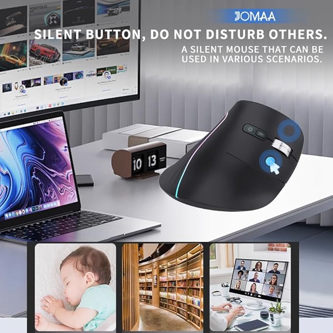 JOMAA Wireless Vertical Mouse, Multi-Device Bluetooth 5.2 & 2.4G Ergonomic Mouse with RGB Lighting, 4000 CPI, 500mAh Rechargeable, for Laptop, PC, Computer, Mac, Windows,Android, Desktop