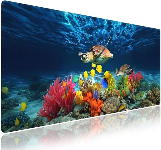 XXL Gaming Mouse Pad with Stitched Edges 31.5 x 11.8 Inches - Sea Turtle Underwater Wonderland Coral Reef and Marine Life, Smooth Surface Anti-Slip Base Large Desk Mat for Mice & Keyboard