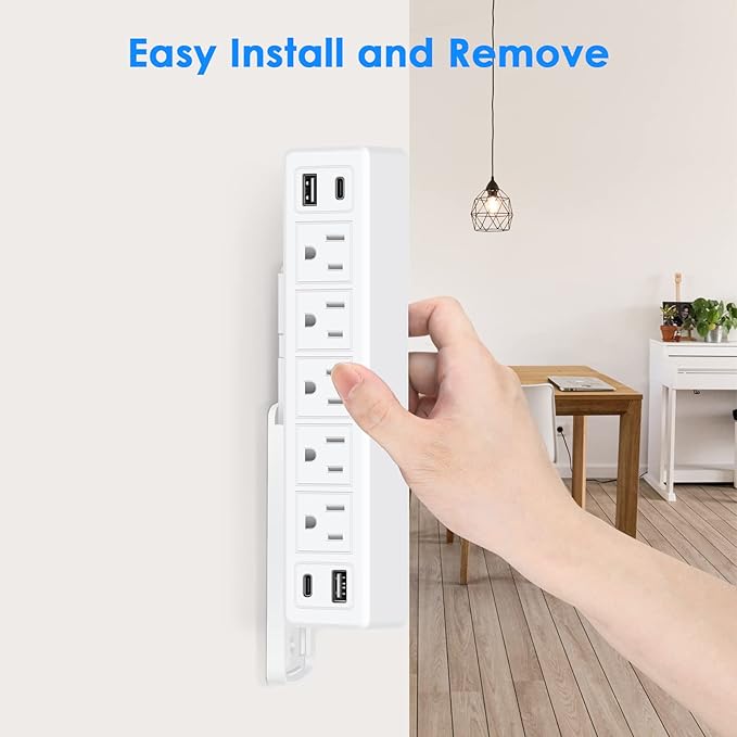 40W Under Desk Power Strip Mountable,20W USB-C Fast Charging Flat Plug Power Strip Surge Protector 1200J,9 in 1 Desk Outlet,5 Outlets,2 USB-C,2 USB-A,6FT Extension Cord White
