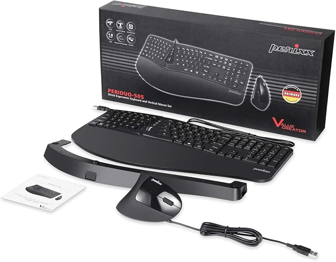 Perixx PERIDUO-505ES - Combo Teclado y Ratón ergonómico con Disposición de Teclas Dividida - Reposamuñecas Ajustable - QWERTY Español