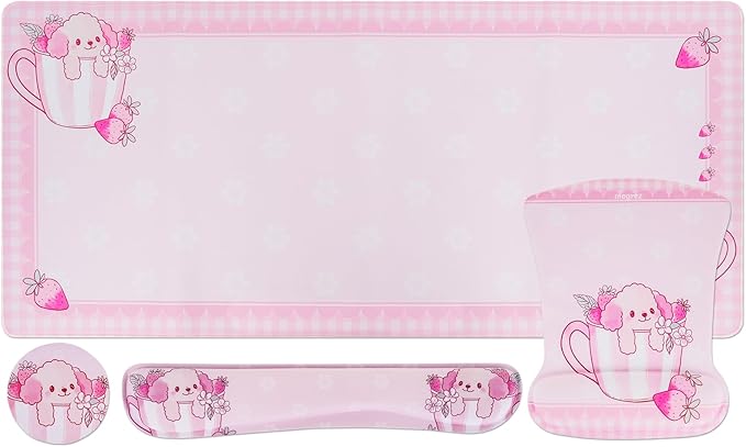 MEGREZ 4-in-1 Ergonomic Memory Foam Wrist Rest Set, Desk Pad, Mouse Pad with Wrist Rest, Keyboard Pad, Suitable for Office Workers, Programmers & Gamers–Relieve Typing & Gaming Fatigue, Pink