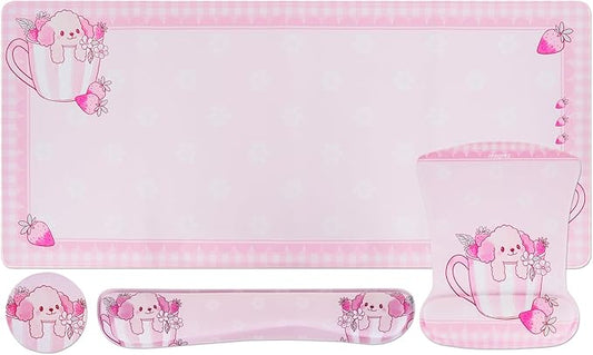 MEGREZ 4-in-1 Ergonomic Memory Foam Wrist Rest Set, Desk Pad, Mouse Pad with Wrist Rest, Keyboard Pad, Suitable for Office Workers, Programmers & Gamers–Relieve Typing & Gaming Fatigue, Pink