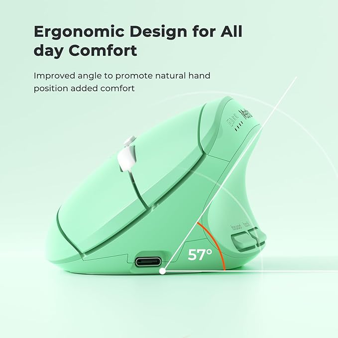 MEETION Ergonomic Wireless Mouse, Bluetooth Vertical Rechargeable Mice, 4 Adjustable DPI 800-2400, Bluetooth 5.2+5.2+USB Mouse for Windows/Mac, for Laptop/PC/Desktop/Computer/iPad -Green