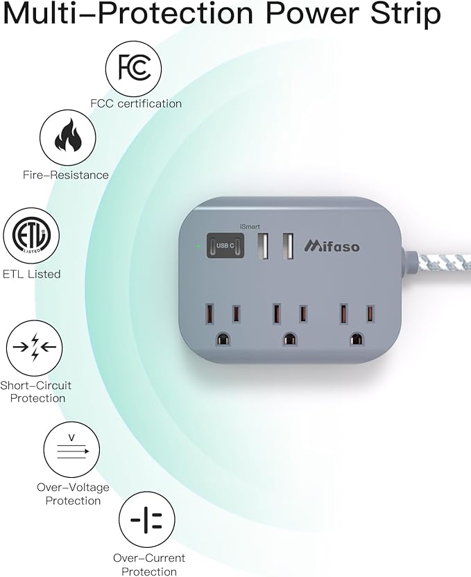 Cruise Ship Essentials - 1Ft Flat Extension Cord with Multiple Outlets, Power Strip USB Charging Station with Non Surge Protector for Cruise Ship, Travel, Dorm Room Essentials, Grey
