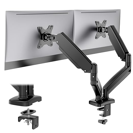 DUMOS Dual Monitor Stand for Desk, Gas Spring Monitor Arm for 2 Monitors Max 32 Inches, Fully Adjustable Double Monitor Mount, VESA Mount with C-Clamp/Grommet Base, Holds Screen 17.6 lbs