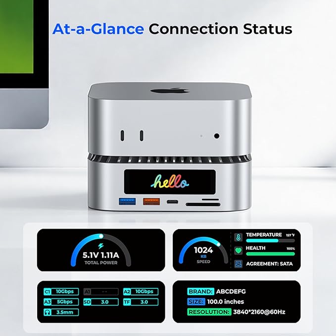 All-in-One Dock for Mac mini M4 with Smart Displays, NVMe/SATA SSD Enclosure, 4K60Hz HDMI, 10G USB-A/C, 5G USB-A*2, USB-C Charging, SD/TF, Audio – Mac mini M4 HUB &Docking Station