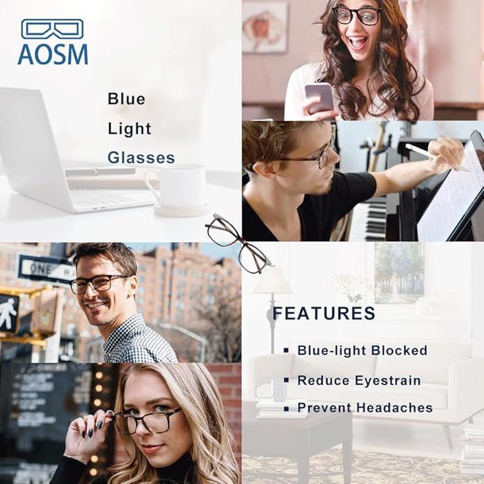 AOSM Blue Light Glasses for Men & Women,Gaming glasses Anti-Glare UV400 Protection,Blue Light Blocking to Relieve Eye Strain