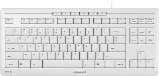 Cherry Stream Keyboard TKL, Wired Keyboard Without Number Pad, Whisper Quiet Keys, Unique Typing Feel, Slim Design, SX Scissor Switches, QWERTY, White-Gray