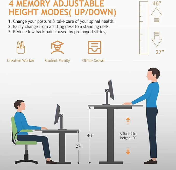 Standing Desk Adjustable Height, 48'' X 24'' Ergonomic Home Office Computer Workstations with Wheels and Hooks, 27''-45'' Lifting Range Stand Up Desk(White)