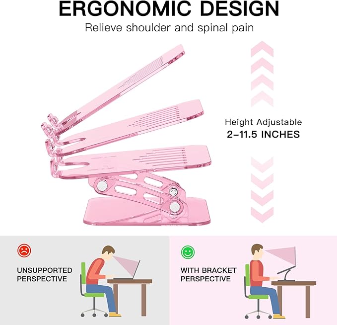 Pink Acrylic Adjustable Laptop Stand,Adjustable Height Foldable Laptop Riser for Desk, Clear Portable Laptop Holder Ergonomic Computer Stand,Compatible with 10-17.3” Laptops (Pink)