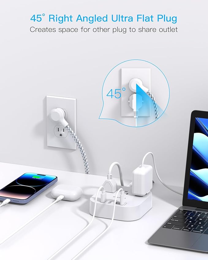 One Beat Power Strip with USB C, 3 Outlets 4 USB Ports (22.5W/4.5A) Desktop Charging Station, Flat Plug, 5ft Braided Extension Cord, Non Surge Protector for Travel, Cruise Ship, ETL Listed (Pack of 2)