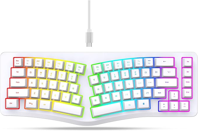HXMJ-Wired Ergonomic Gaming Keyboard,Mechanical Feel,Detachable USB Cable,69 Keys,RGB Backlit-White