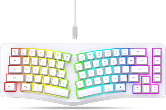 HXMJ-Wired Ergonomic Gaming Keyboard,Mechanical Feel,Detachable USB Cable,69 Keys,RGB Backlit-White