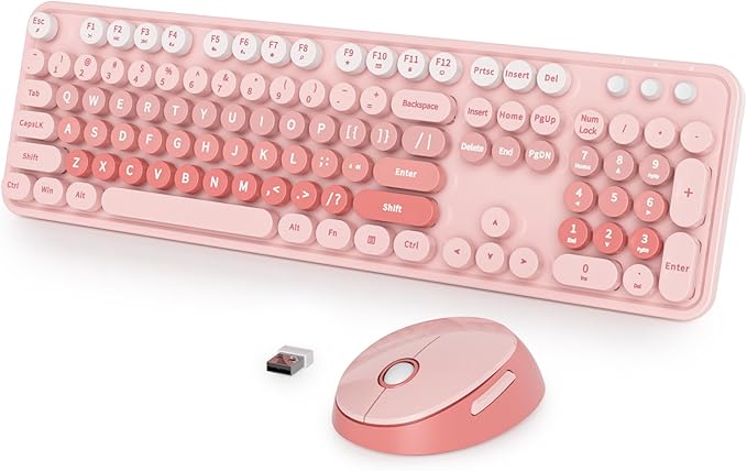 Cute Pink Keyboard and Mouse Combo Wireless, 2.4G Full Size 104-Key Retro Typewriter Keyboards Round Keys for Students Teenagers Home Office PC Laptop(Diary Pink)