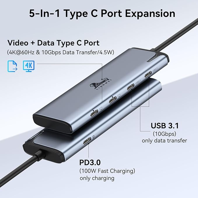 LIONWEI USB C Splitter Dual Monitors for MacBook Pro, 2USB-C Video Output 4K@60Hz, 10Gbps Data Transfer, 100W PD Charging, Dual Monitor Adapter Dongle for USB C Monitor, Windows, MacBook Pro/Air