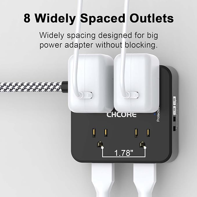 Surge Protector Power Strip - CHCORE 6Ft Braided Extension Cord with 8 Outlets with 4 USB (2 USB C) Charging Ports, Flat Plug Multi Plug Outlet Extender Charging Station for Home Office, ETL, Black