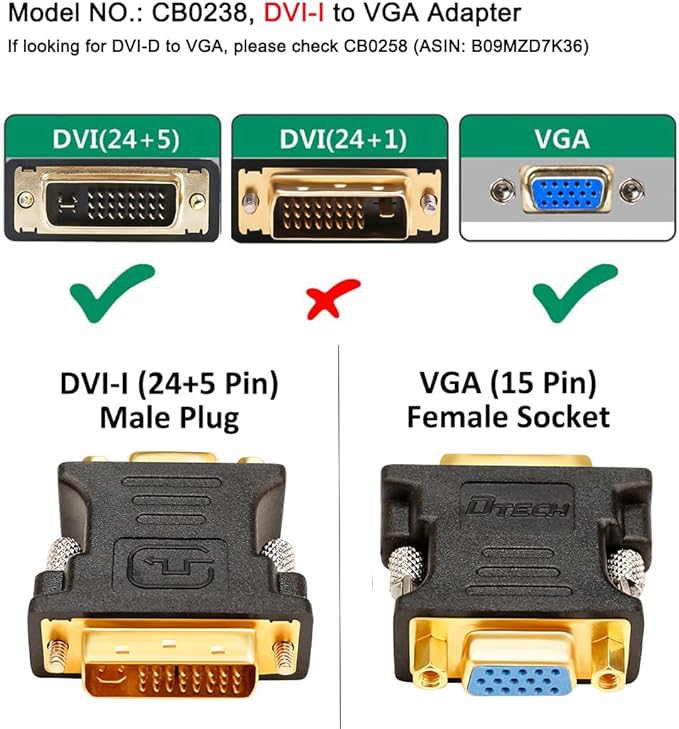 DTech DVI Male to VGA Female Adapter High Speed DVI-I24+5 Port Converter for HDTV, Plasma, DVD and Projector
