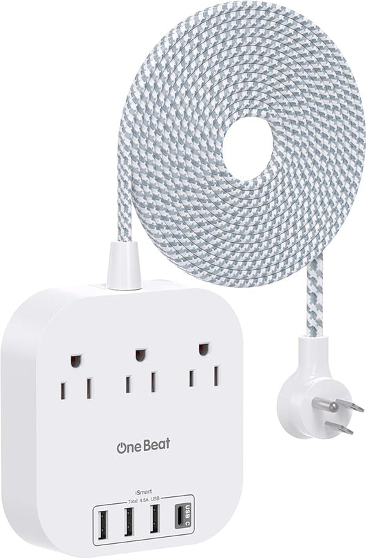 Power Strip with USB C, 3 Outlets 4 USB Ports (22.5W/4.5A) Desktop Charging Station, Flat Plug, 15ft Braided Extension Cord, Non Surge Protector for Travel, Cruise Ship, ETL Listed