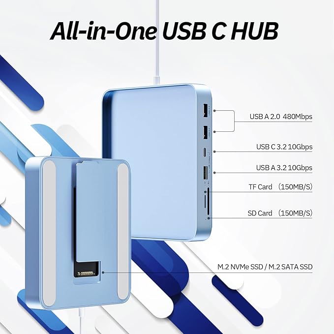 USB C Hub for iMac 24 inch 2021/2023/2024, Minisopuru i-Mac Hub Support M.2 NVMe SSD, i Mac Accessories for iMac M1/M3/M4, Docking Station with USB A/C 10Gbps, SD/TF, M.2 SSD (Not Included), Blue.