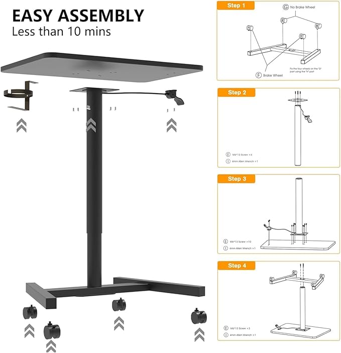 28-Inch Mobile Standing Desk, Computer Workstations with Cup Holder, Portable Standing Desk with Lockable Wheels, Rolling Table for Home Office Classroom Hospital (Jet - Black)