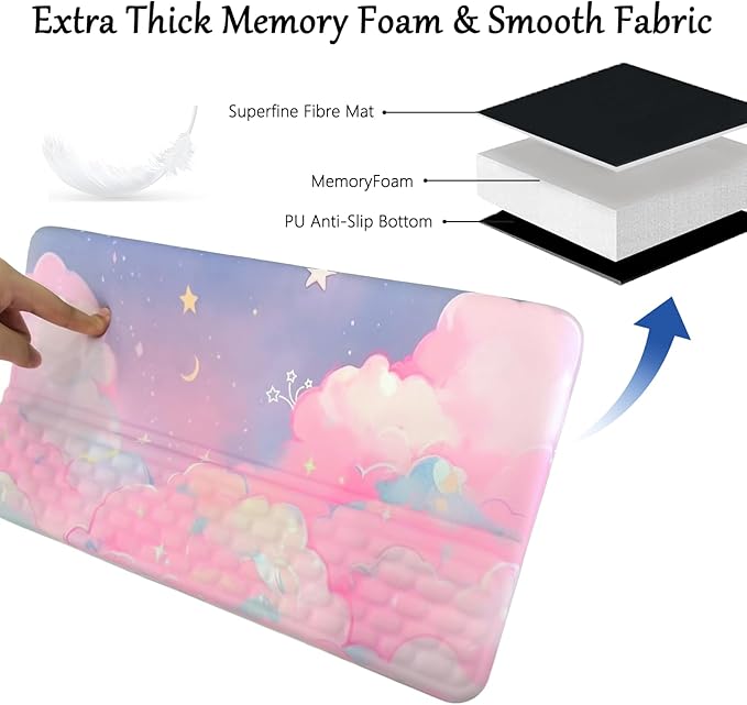 Computer Keyboard Stand Pad with Wrist Rest Pink Cloud Keyboard Pad Support with Comfortable Moon Galaxy Stars Wrist Pad Cute Girl Ergonomic Tilted Keyboard Riser Holder for Desktop Office Home