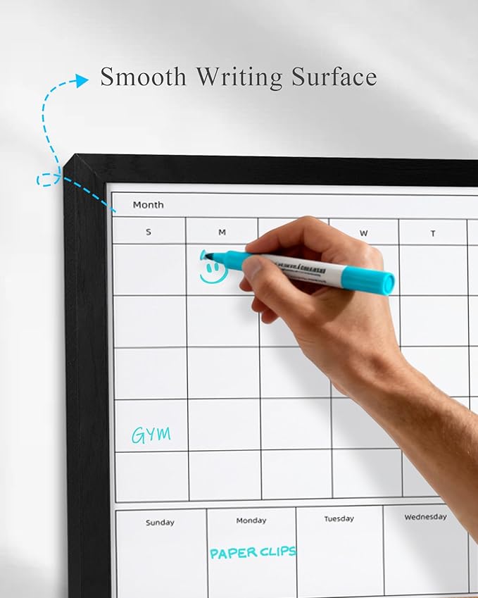 4-in-1 Dry Erase Calendar for Wall with Black Wooden Frame, 17x13 inches Magnetic Monthly & Weekly Planner Whiteboard, Cork Board Combo, Hanging White Board for Decor/Memo(4H1-BK Wood,4333)
