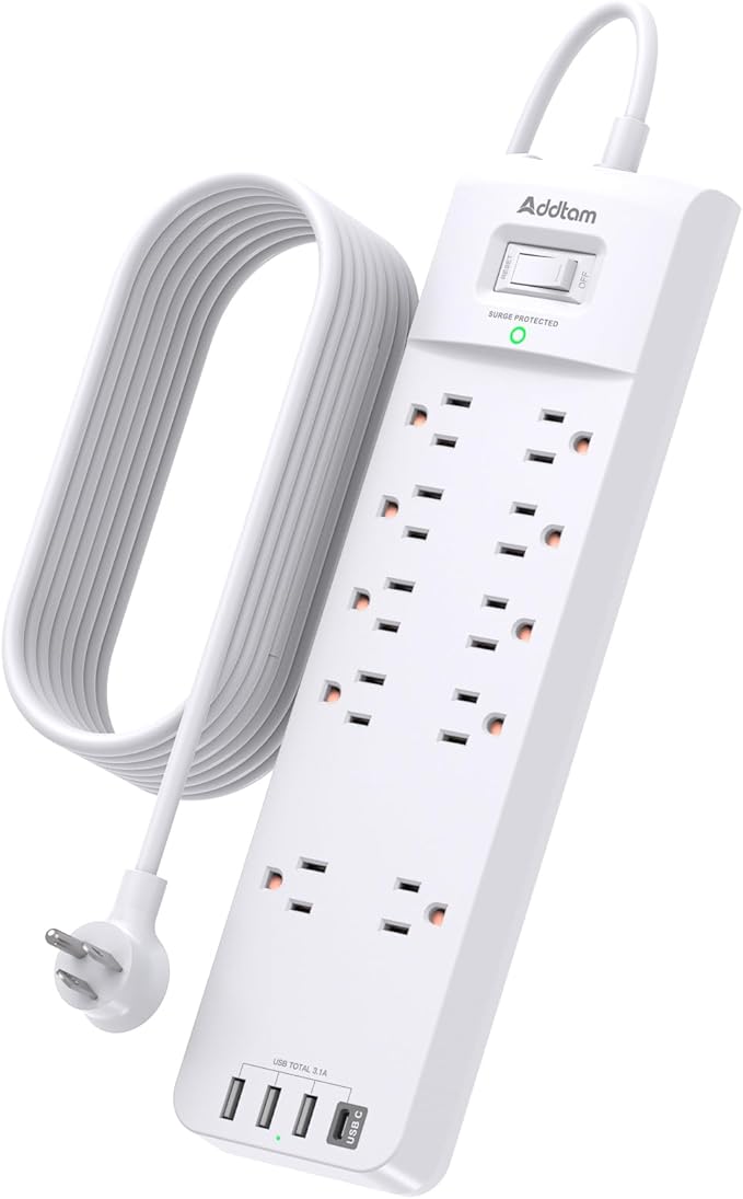 12FT Long Power Strip Surge Protector, Addtam Surge Protector with 10 Outlets and 4 USB Ports, Extension Cord with Flat Plug, 2700 Joules, White