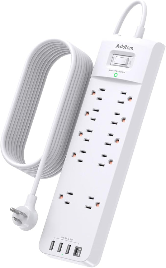 12FT Long Power Strip Surge Protector, Addtam Surge Protector with 10 Outlets and 4 USB Ports, Extension Cord with Flat Plug, 2700 Joules, White