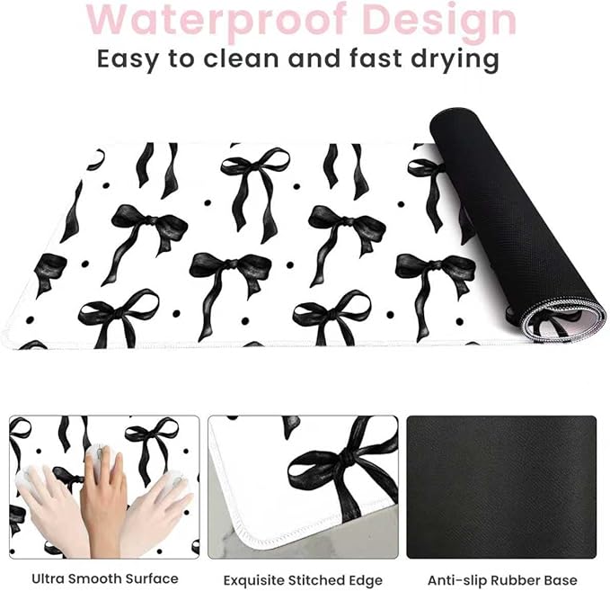 White Mouse Pad Black Bows, Cute Desk Mat Keyboard Pad for Computer Laptop Non-Slip Rubber Base, Stitched Edge, Black Office Pad Desk Accessories Girly Desktop Decor for Girls Women 23.6 x 11.8in