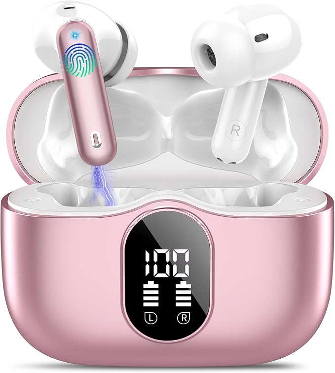Wireless Earbuds Bluetooth 5.3 Headphones Bass Stereo Ear Buds with Noise Cancelling Mic LED Display in Ear Earphones IP7 Waterproof 36H Playtime for Laptop Pad Phones Sports Workout Pink Gold