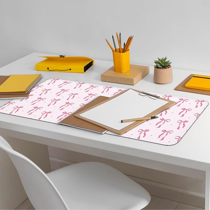 Large Computer Mouse Pad with Non-Slip Base for Desktop, Cute Gaming Mouse Mat with Stitched Edges, Long Extended Anime Mousepad for Laptop, 31.5 x 11.8 inches (Pink Ribbon Bow)