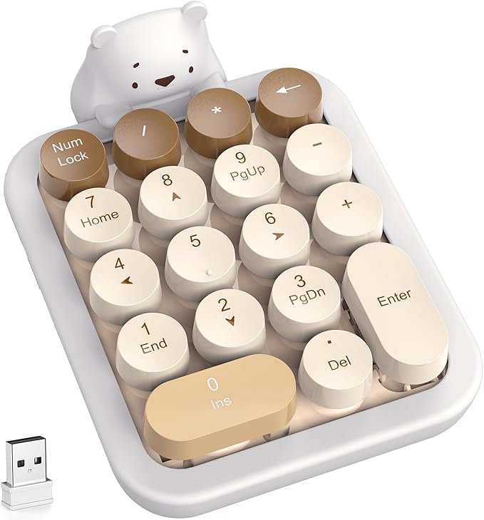 MOFII Cute Colorful Wireless Number Pad with Silicone Cover & Cute Bear Ornament, 2.4GHz Stable Wireless, Financial Accounting Extension (Milk Tea-Colorful)