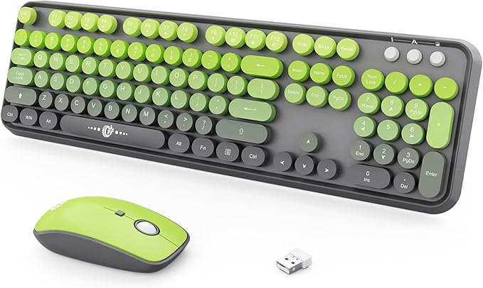 Wireless Keyboard Mouse Combo,104 Round Keys Cute Colorful Keyboard with Retro Typewriter Style,Letton Full Size Keyboard with Number Pad&Mouse with 3 DPI for PC Mac Laptop Computer Windows-Green