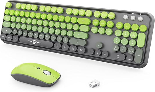 Wireless Keyboard Mouse Combo,104 Round Keys Cute Colorful Keyboard with Retro Typewriter Style,Letton Full Size Keyboard with Number Pad&Mouse with 3 DPI for PC Mac Laptop Computer Windows-Green