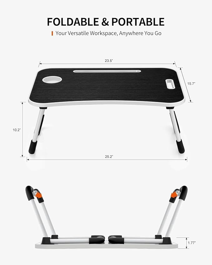Foldable Laptop Table, Portable Lap Desk Bed Table Tray, Laptop Stand with Cup Holder & Tablet Slot & Lifting Handle for Working Writing Drawing & Eating (Black Grain)