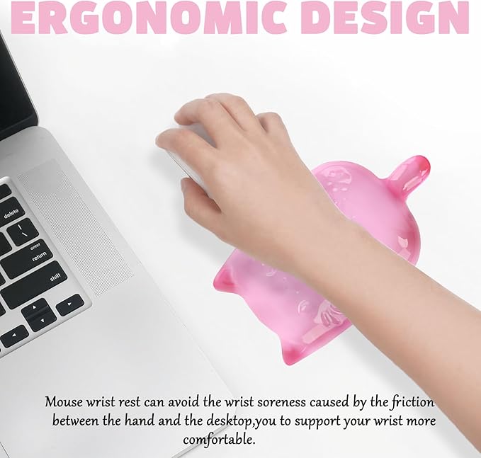 Gel Wrist Rest for Keyboard and Mouse Transparent Pink Cat Elbow Pad Cushion Ergonomic Cute Clear Cool Cat Mouse Wrist Pad Silicone Non-Slip Support for Computer Gaming Home Office Girl Hand Pillow