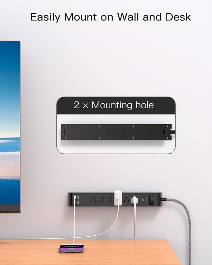 Flat Plug Extension Cord 25FT, Surge Protector Power Strip with 2 USB A Ports 2 USB-C 6 AC Outlets, USB Charging Station, Wall Mountable for Home, Office, Dorm Essentials, 1080J, ETL Listed, Black