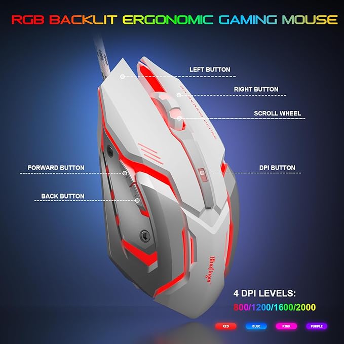 BlueFinger RGB Gaming Keyboard and Backlit Mouse and Headset Combo, USB Wired Backlit Keyboard, LED Gaming Mouse Set, Headset with Microphone for Laptop PC Computer Game and Work, White