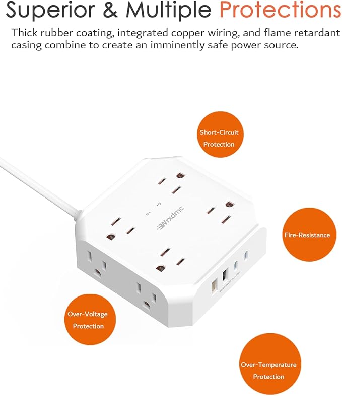 2 Prong Power Strip, WRXDMC 2 Prong to 3 Prong Outlet Adapter, 1400J Two Prong Surge Protector, 10ft Extension Cord, 8 AC Outlets with 2 USB C Port and 2 USB A Port, Wall Mountable,Ideal for Old House
