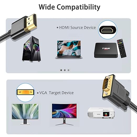 HDMI to VGA 6FT, Uni-Directional HDMI Computer to VGA Monitor Cable (Male to Male) Compatible for Desktop, Laptop, PC, Monitor, Projector, HDTV, Raspberry Pi, Roku, Xbox and More (5)