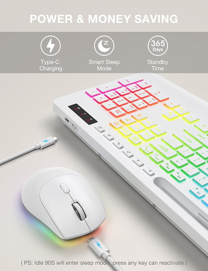 SABLUTE Wireless Keyboard and Mouse Combo, 9 Backlit Effects, Wrist Rest, Phone Holder, 2.4G Lag-Free Ergonomic Keyboards, KM22 MAX Rechargeable Silent Set for Computer, Laptop, Mac, Windows（White）