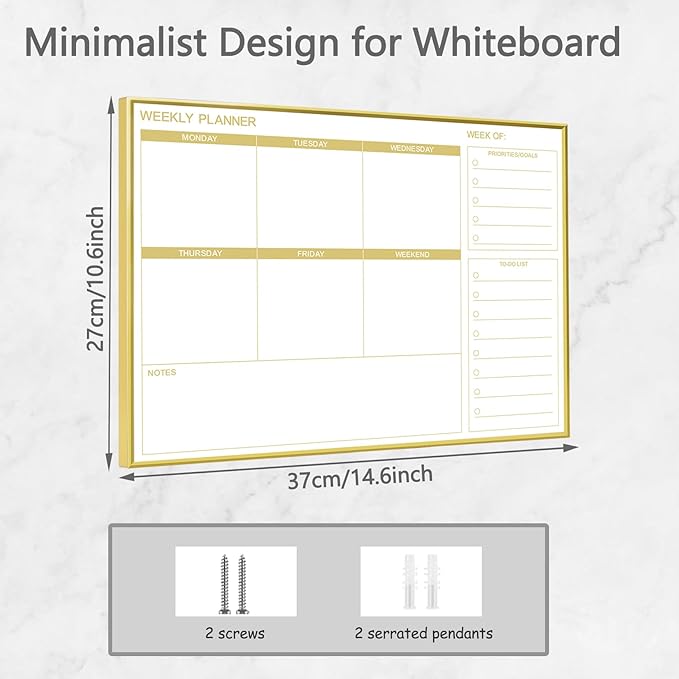 Dry Erase White Board Weekly Calendar Board, Magnetic Whiteboard for Wall,Gold Aluminum Frame Message Board,Horizontal,10.5“x14.5, Planner Board for Office, Home, Schooll(Weekly-BB-Gold-2737-L)