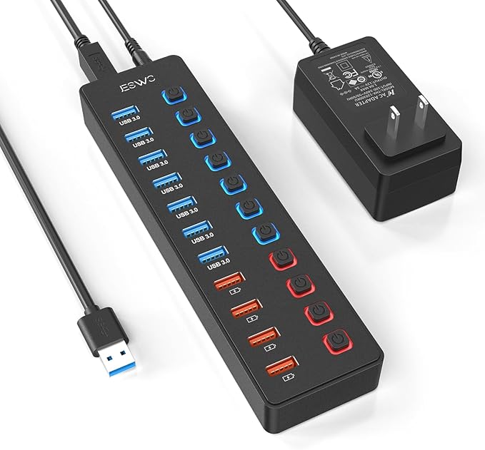 11-Port USB 3.0 Splitter (7 Data Transfer Ports + 4 Smart Charging Ports), Powered USB Hub with Individual LED On/Off Switches and 12V/3A Power Adapter